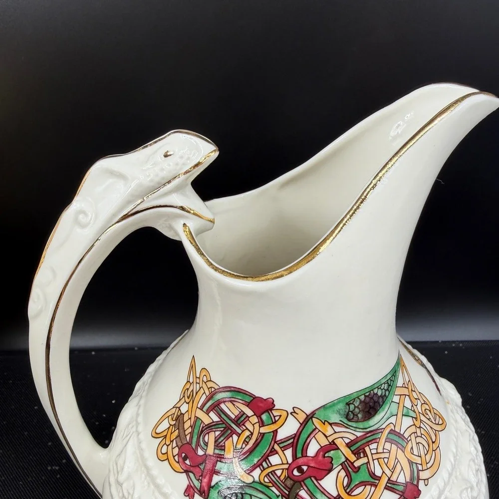 Cre Irish Porcelain Celtic Pitcher Galway Ireland Serpent Handle Gold Trim 7in‎